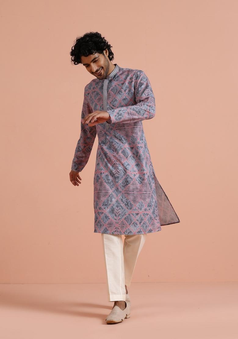 Grey Printed Poly Viscose Kurta Set For Men
