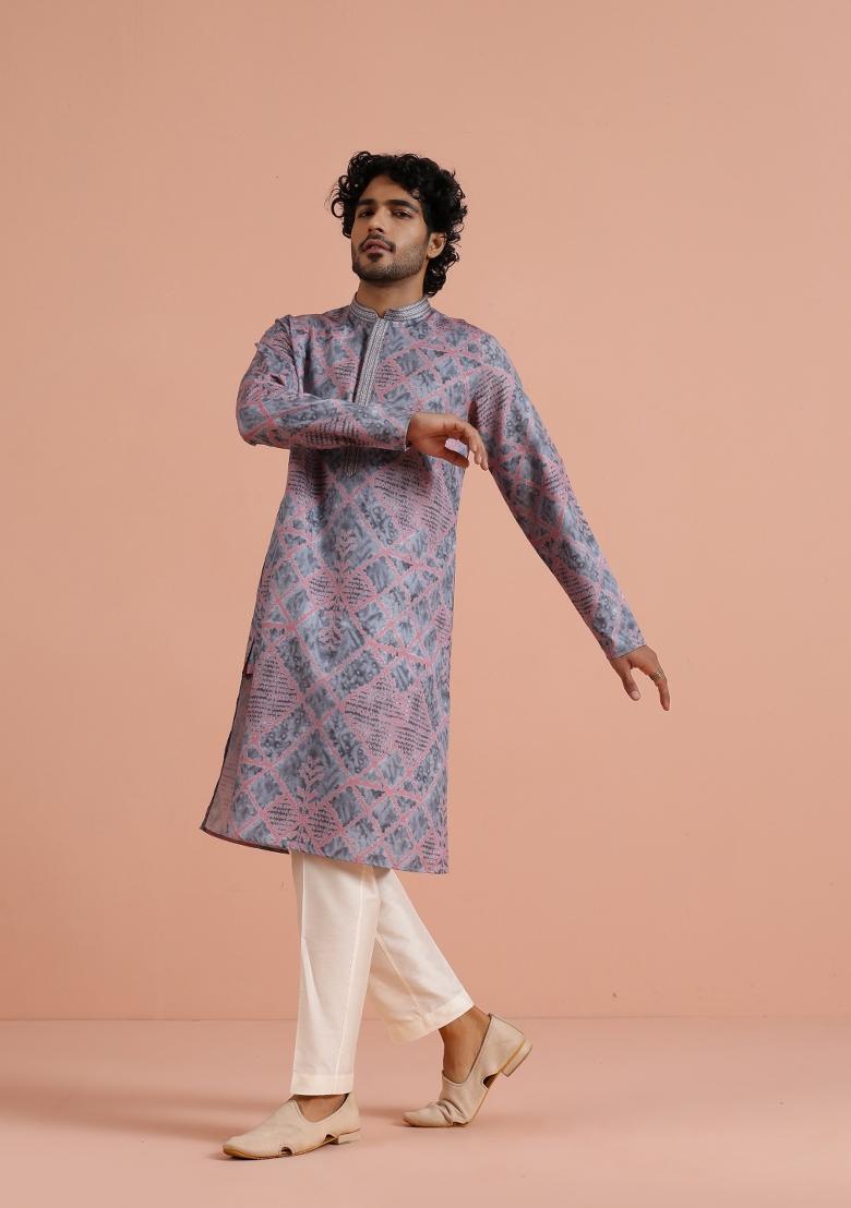 Grey Printed Poly Viscose Kurta Set For Men