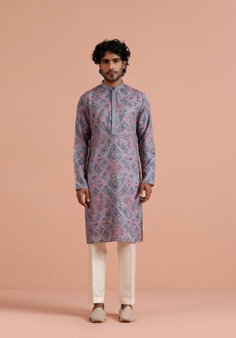 Grey Printed Poly Viscose Kurta Set For Men