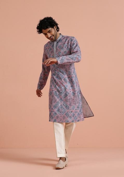 Grey Printed Poly Viscose Kurta Set For Men