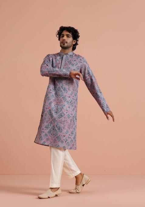 Grey Printed Poly Viscose Kurta Set For Men