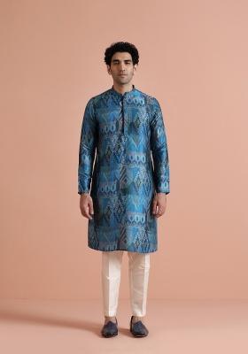 Blue Printed Poly Viscose Kurta Set For Men