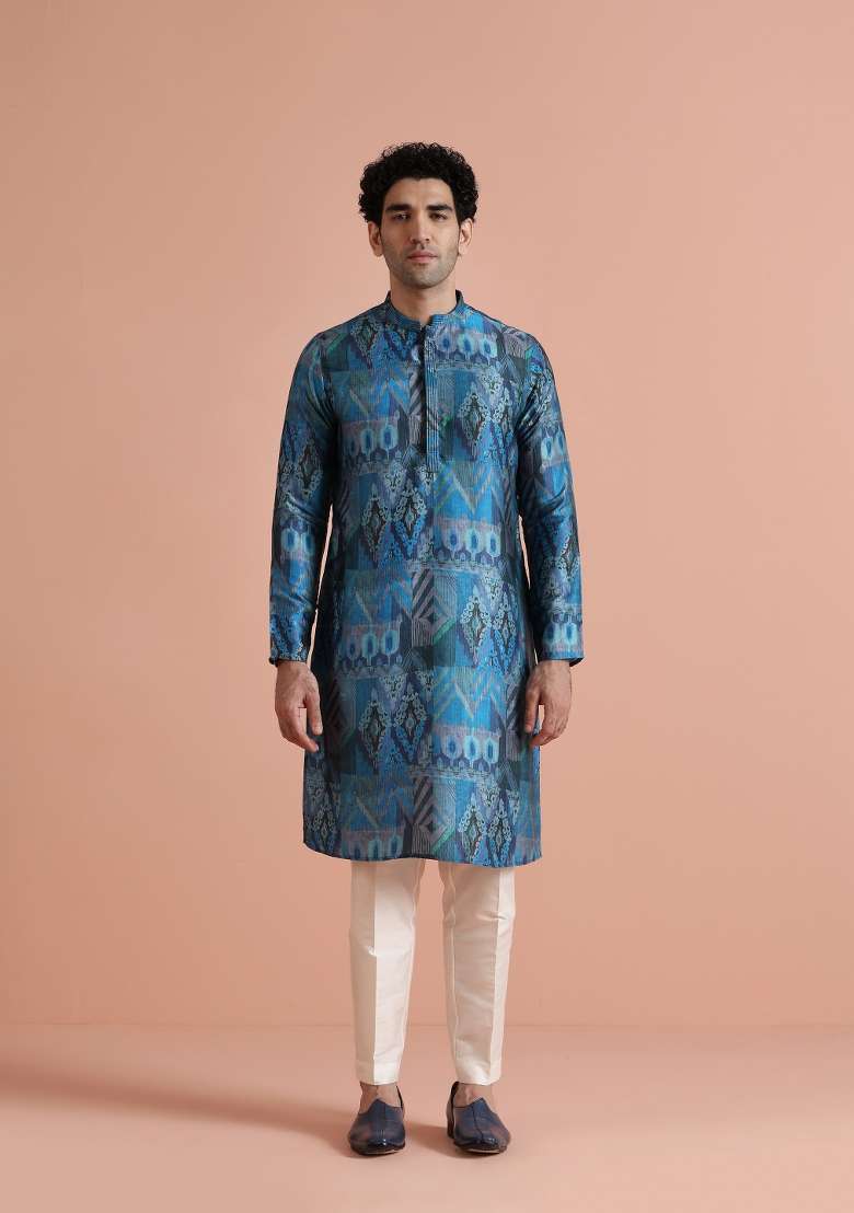 Blue Printed Poly Viscose Kurta Set For Men - Indya