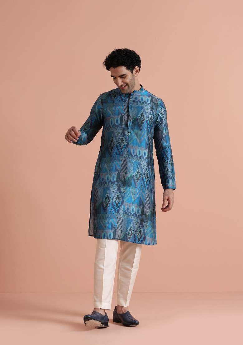 Blue Printed Poly Viscose Kurta Set For Men - Indya