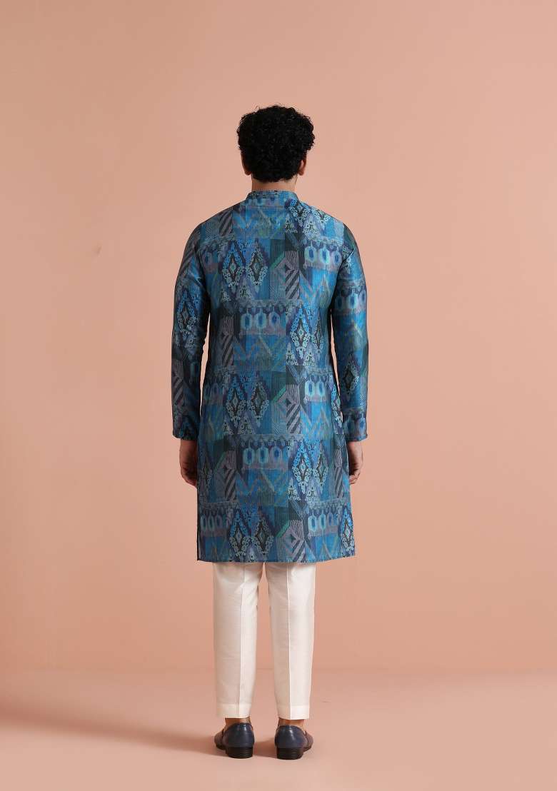 Blue Printed Poly Viscose Kurta Set For Men - Indya