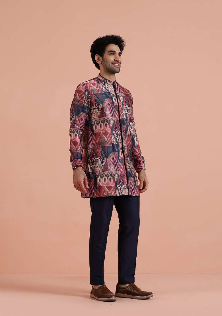 Multicolor Printed Poly Viscose Kurta Set For Men - Indya