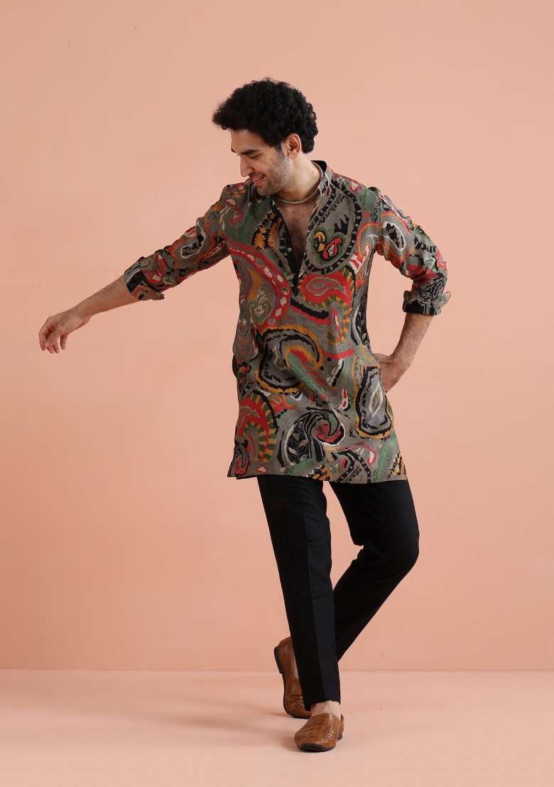 Multicolor Printed Cotton Blend Kurta Set For Men - Indya