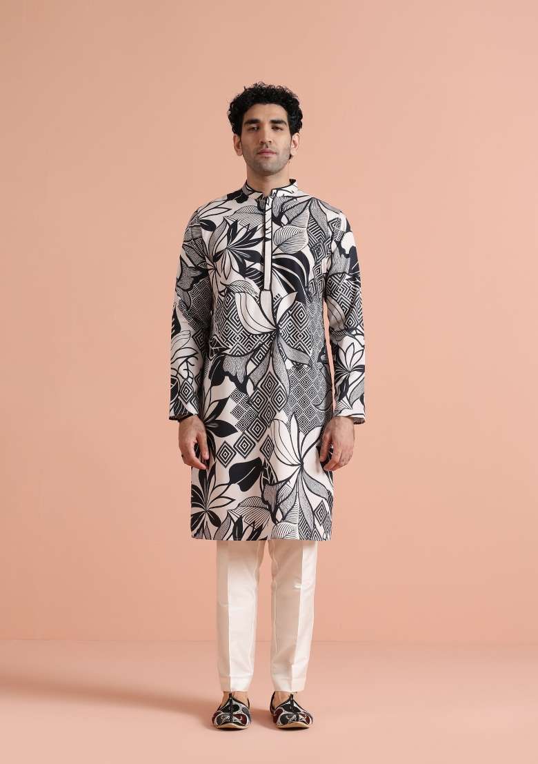 Black Printed Cotton Kurta Set For Men - Indya