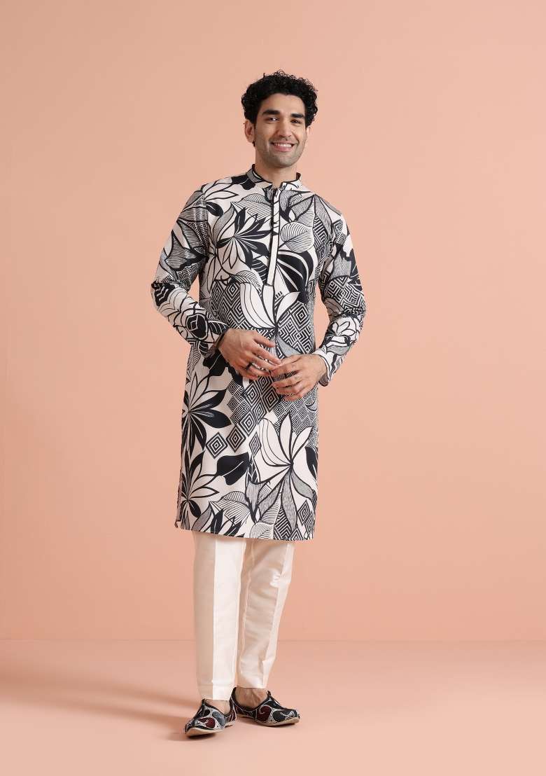 Black Printed Cotton Kurta Set For Men - Indya