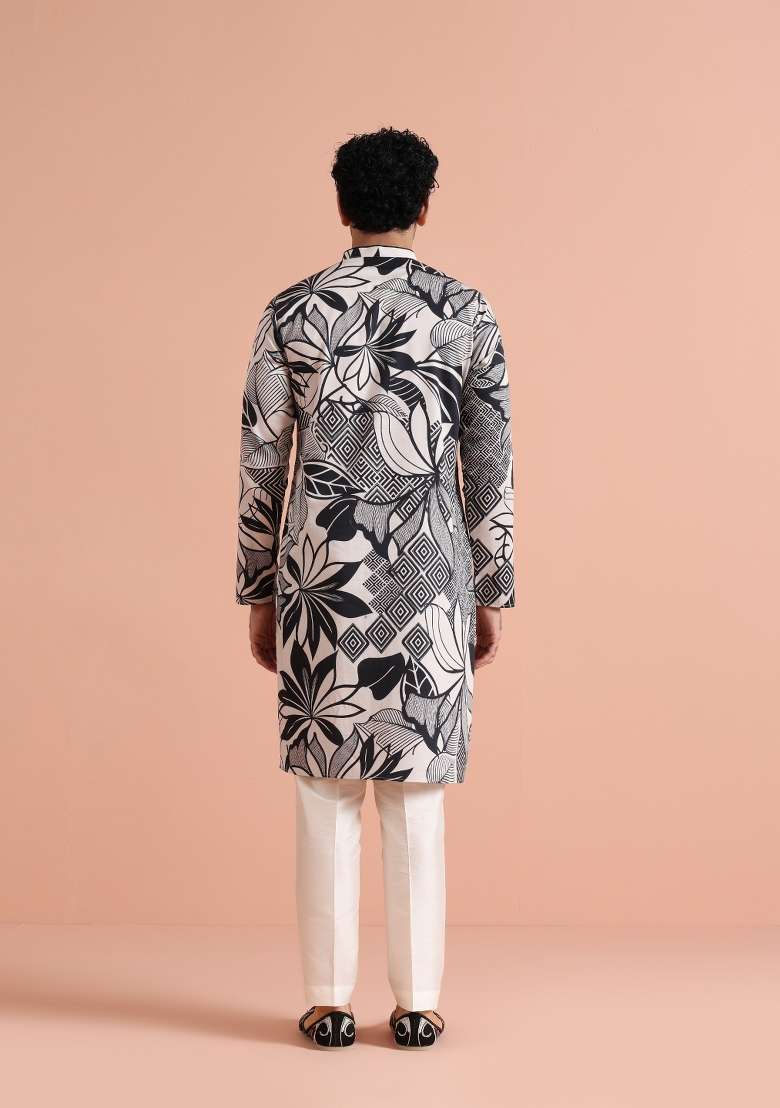 Black Printed Cotton Kurta Set For Men - Indya