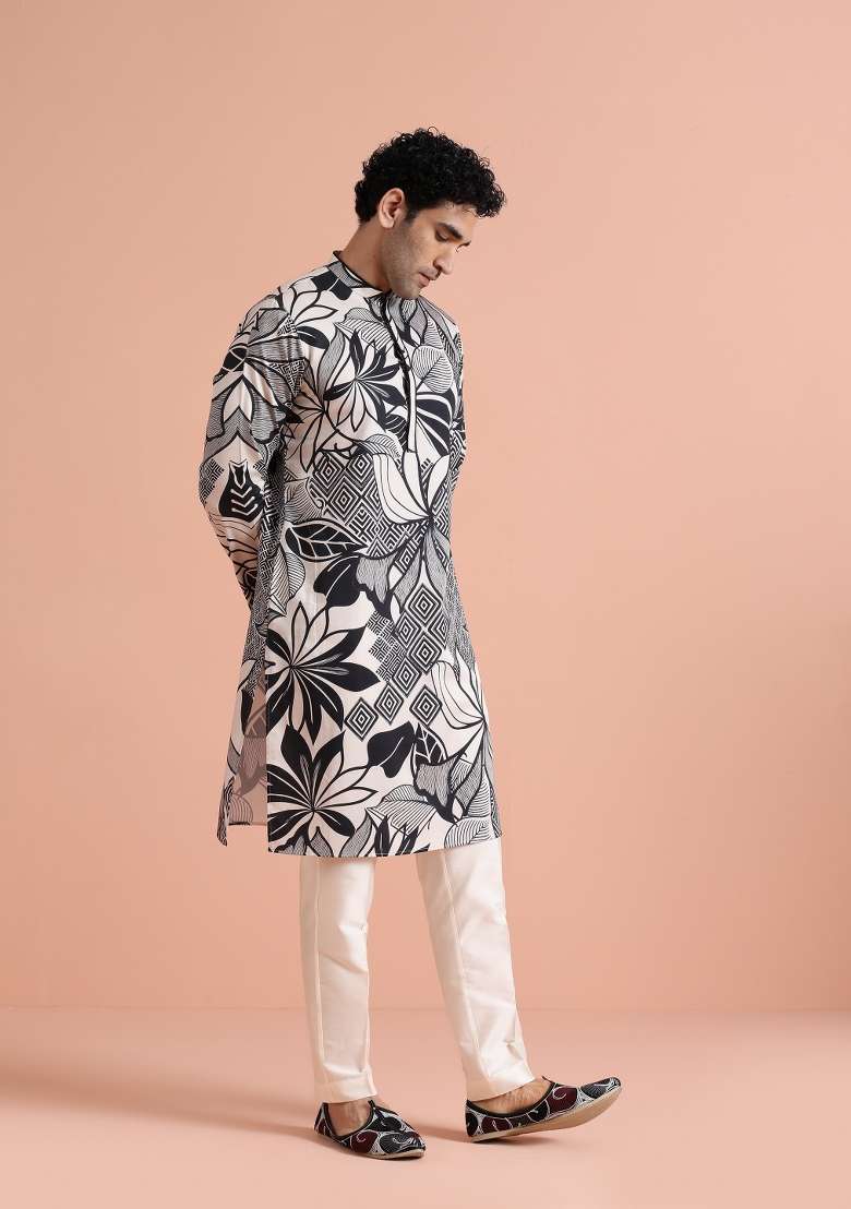 Black Printed Cotton Kurta Set For Men - Indya