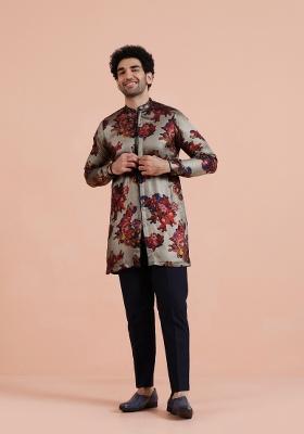 Grey Printed Art Silk Blend Kurta Set For Men