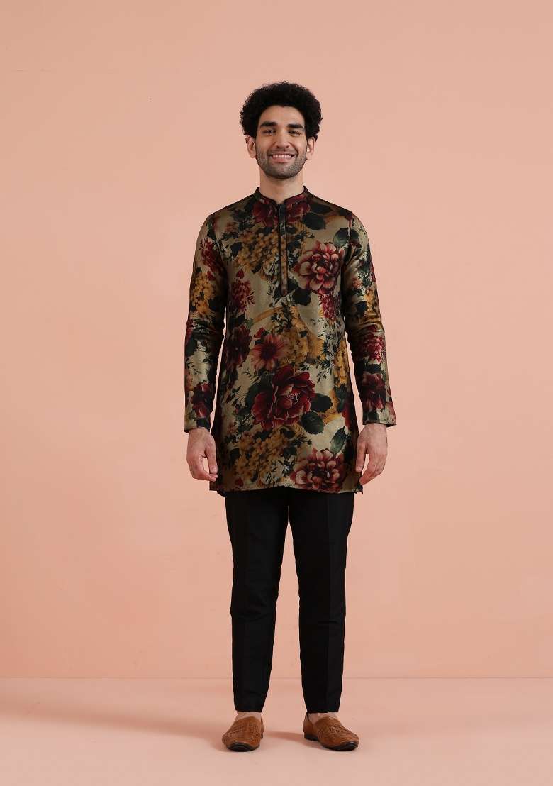 Multicolor Printed Art Silk Blend Kurta Set For Men - Indya