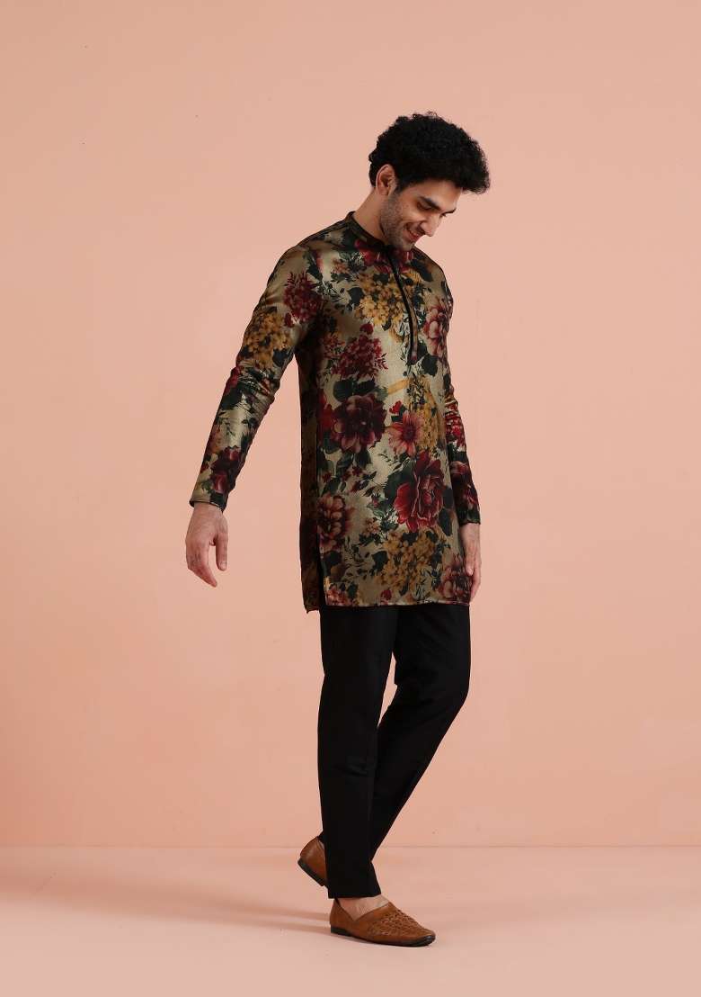 Multicolor Printed Art Silk Blend Kurta Set For Men - Indya