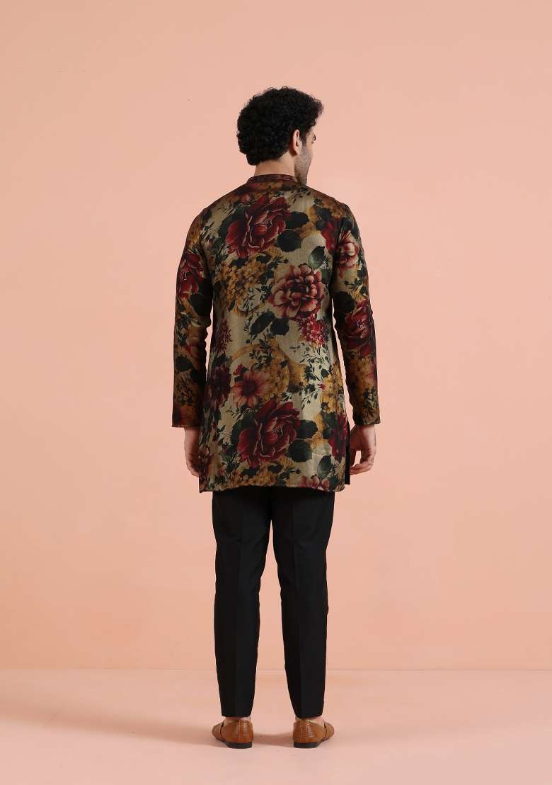 Multicolor Printed Art Silk Blend Kurta Set For Men - Indya