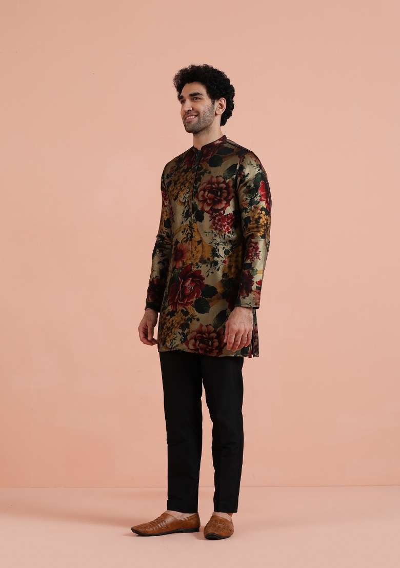 Multicolor Printed Art Silk Blend Kurta Set For Men - Indya