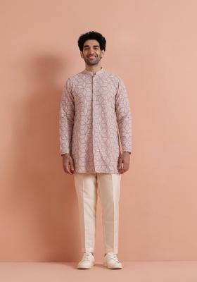 Pink Embroidered Georgette Kurta Set For Men