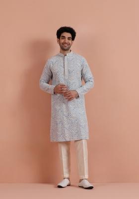 Blue Embroidered Georgette Kurta Set For Men