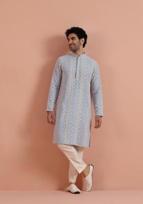 Blue Embroidered Georgette Kurta Set For Men