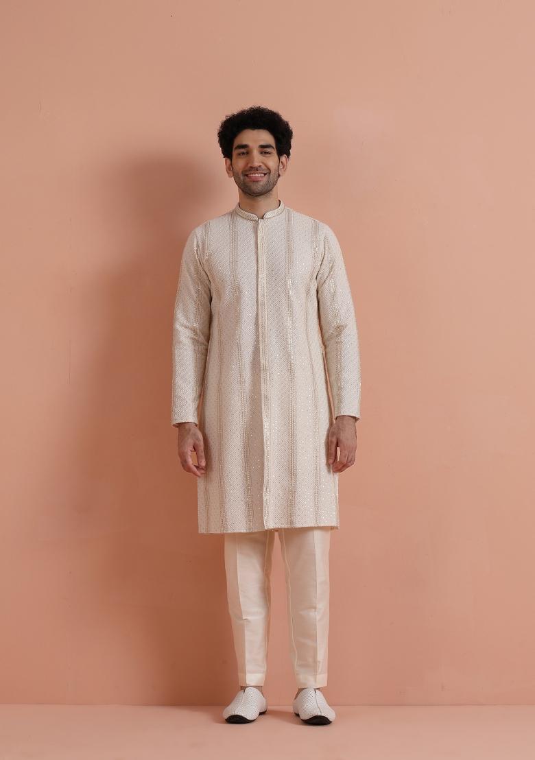 Cream Embroidered Georgette Kurta Set For Men
