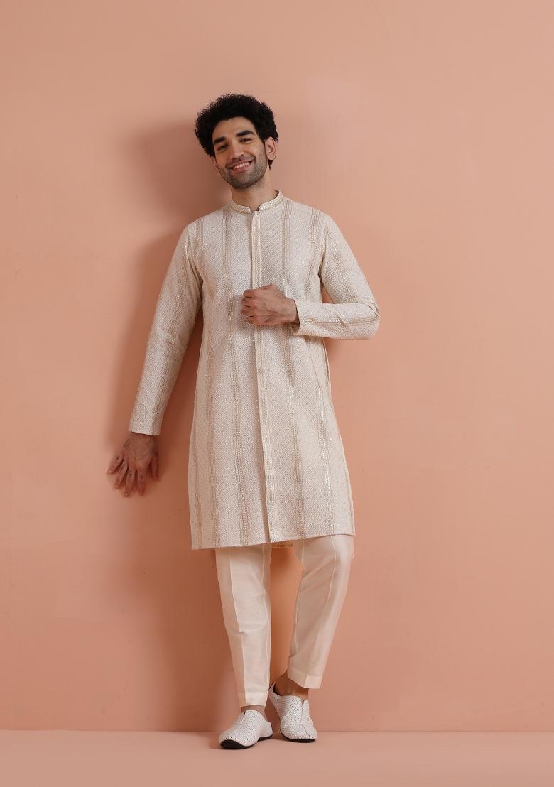 Cream Embroidered Georgette Kurta Set For Men