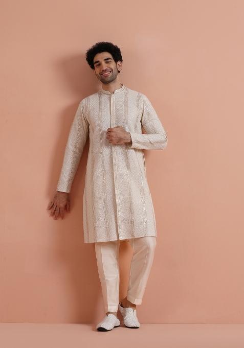 Cream Embroidered Georgette Kurta Set For Men