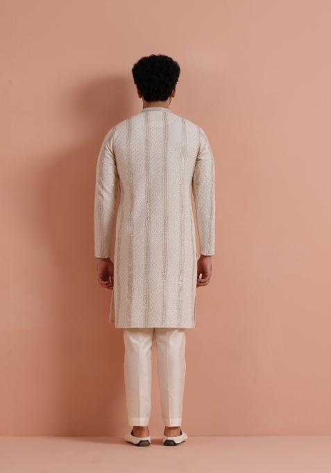 Cream Embroidered Georgette Kurta Set For Men