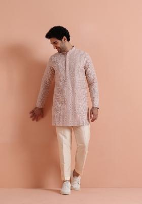 Pink Embroidered Georgette Kurta Set For Men