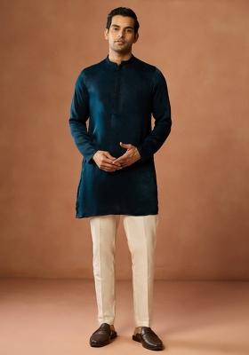 Blue Solid Silk Blend Kurta Jacket Set For Men