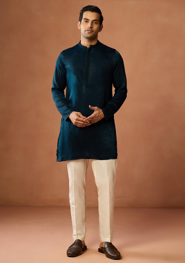 Blue Solid Silk Blend Kurta Jacket Set For Men - Indya