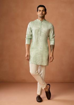 Green Solid Silk Blend Kurta Jacket Set For Men