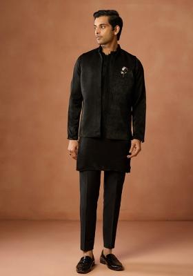 Black Solid Silk Blend Kurta Jacket Set For Men