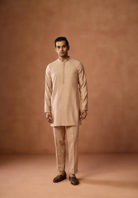 Beige Embroidered Silk Blend Kurta Jacket Set For Men