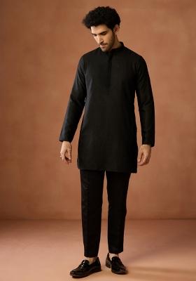 Black Embroidered Silk Blend Kurta Jacket Set For Men