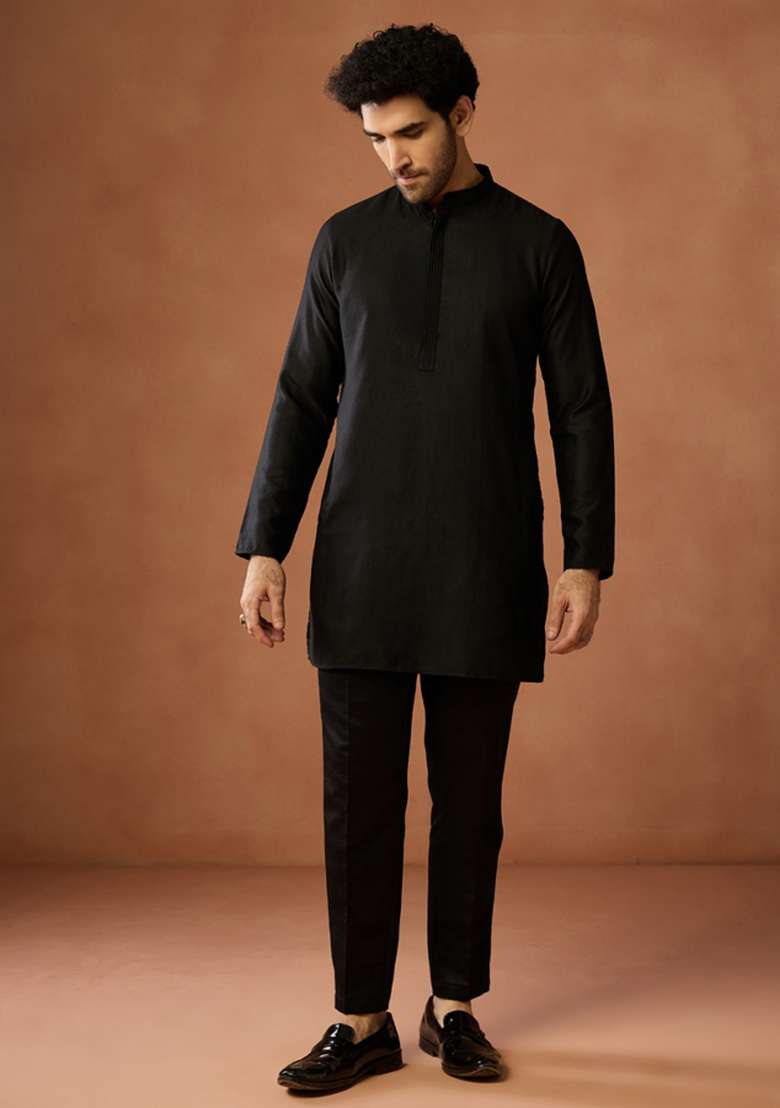 Black Embroidered Silk Blend Kurta Jacket Set For Men - Indya