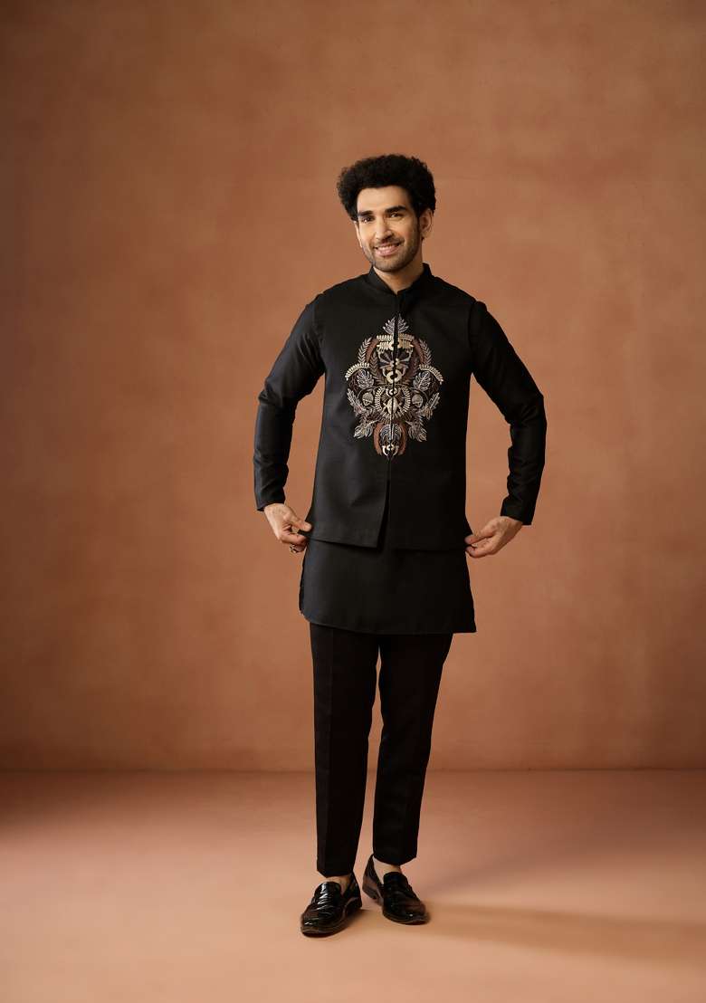Black Embroidered Silk Blend Kurta Jacket Set For Men - Indya