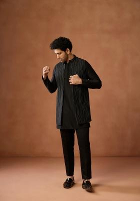 Black Embroidered Silk Blend Kurta Jacket Set For Men