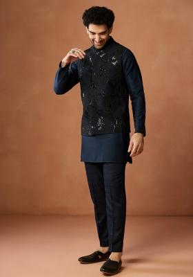 Blue Embroidered Silk Blend Kurta Jacket Set For Men