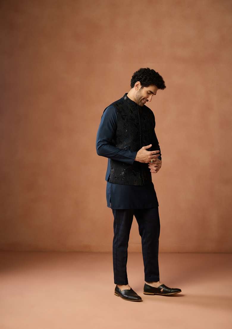 Blue Embroidered Silk Blend Kurta Jacket Set For Men - Indya