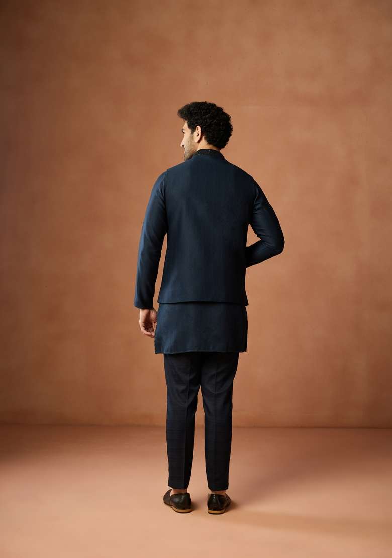 Blue Embroidered Silk Blend Kurta Jacket Set For Men - Indya