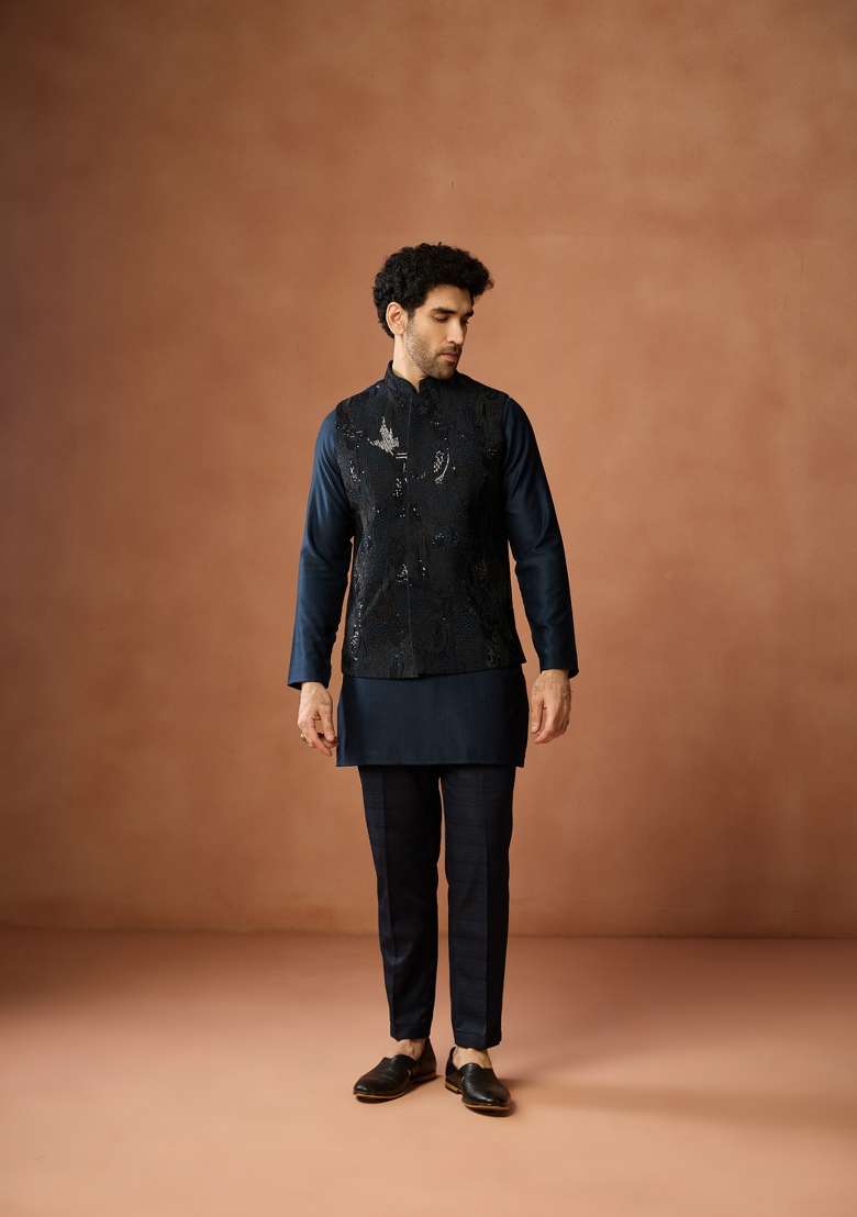 Blue Embroidered Silk Blend Kurta Jacket Set For Men - Indya