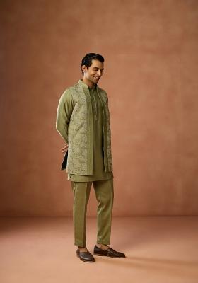 Green Embroidered Silk Blend Kurta Jacket Set For Men