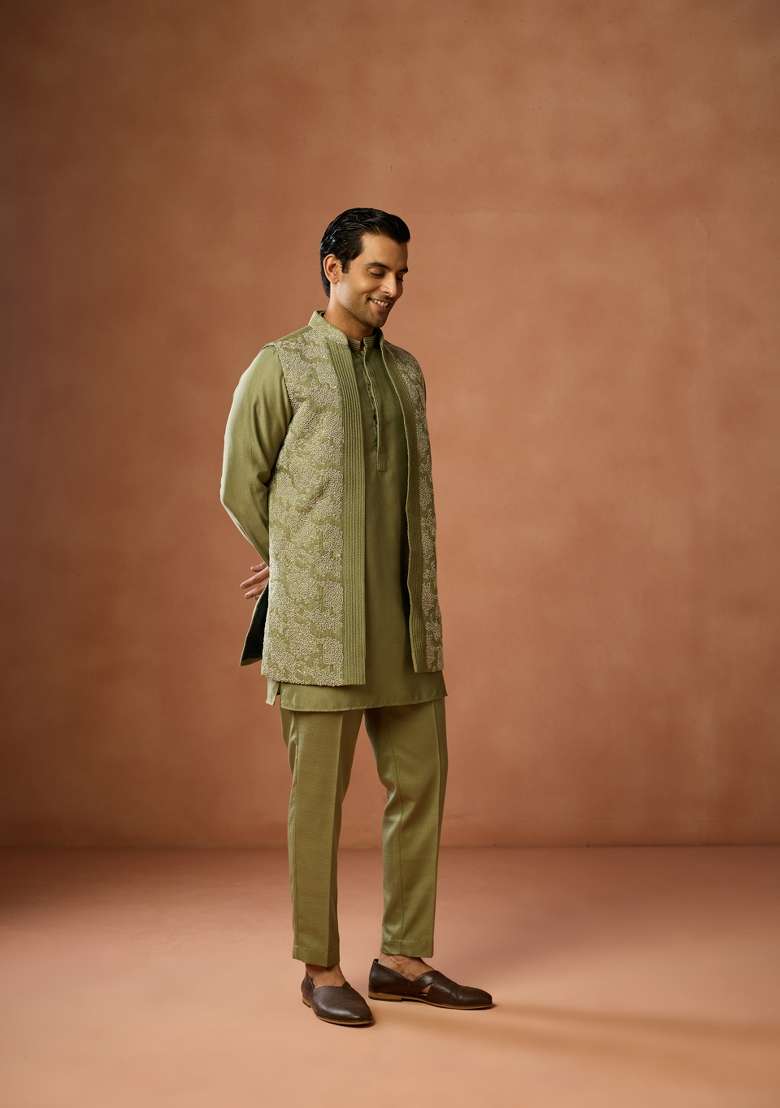 Green Embroidered Silk Blend Kurta Jacket Set For Men - Indya