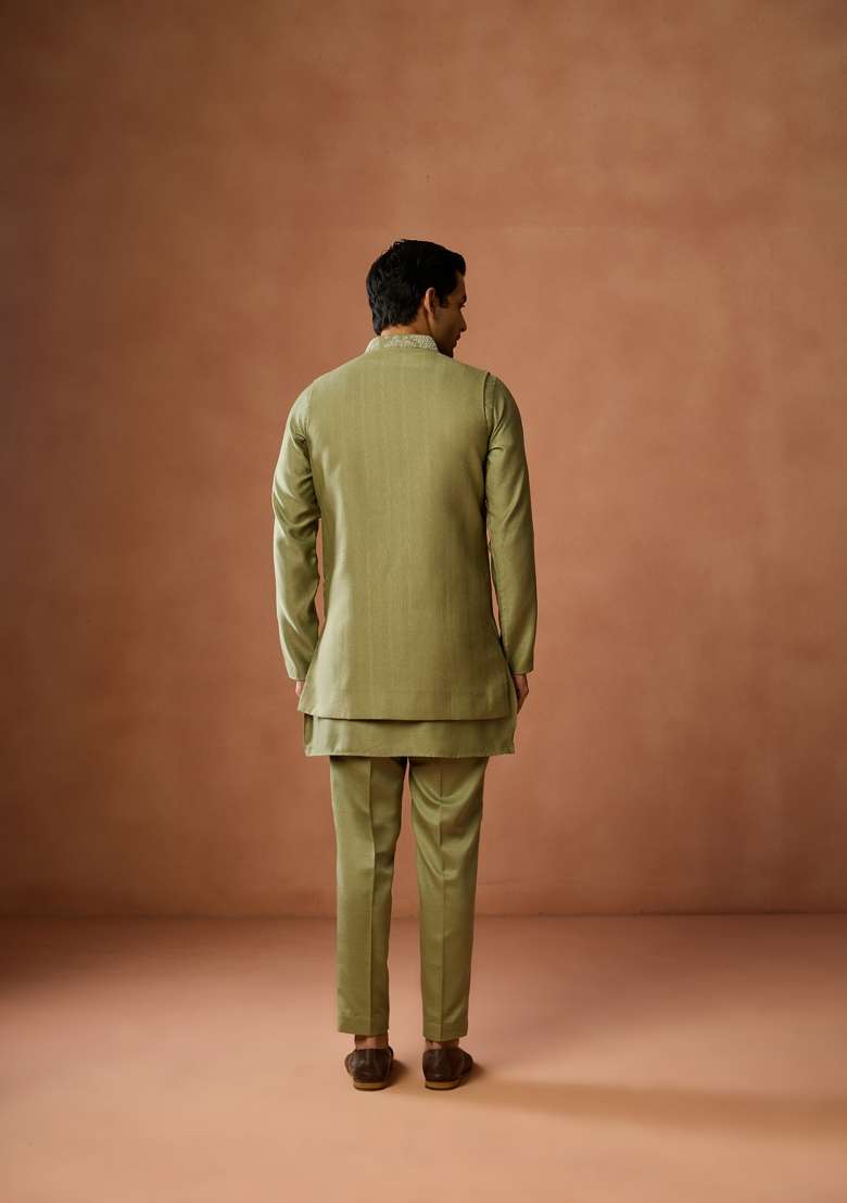 Green Embroidered Silk Blend Kurta Jacket Set For Men - Indya