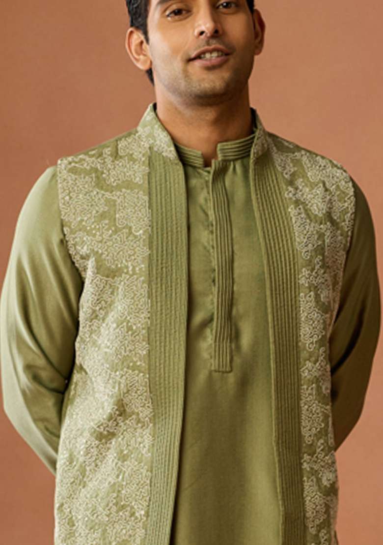 Green Embroidered Silk Blend Kurta Jacket Set For Men - Indya