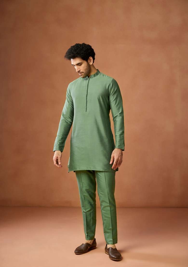 Green Embroidered Silk Blend Kurta Jacket Set For Men - Indya