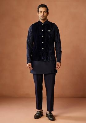 Blue Solid Silk Blend Kurta Jacket Set For Men