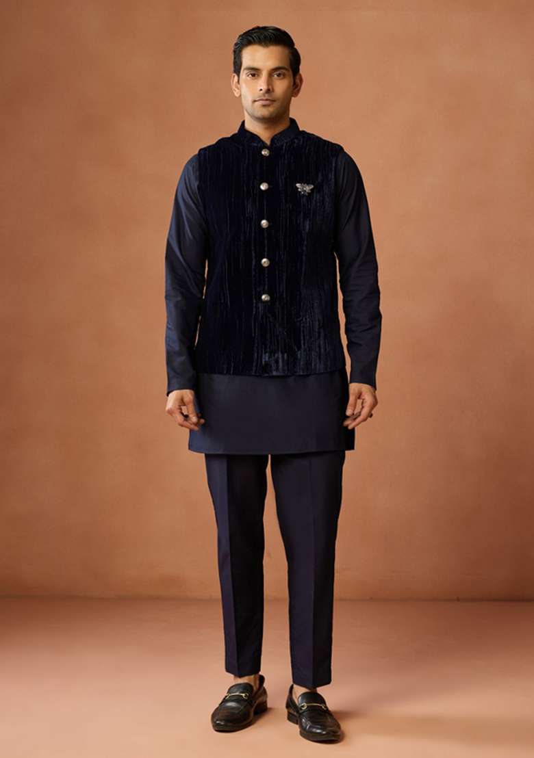 Blue Solid Silk Blend Kurta Jacket Set For Men - Indya
