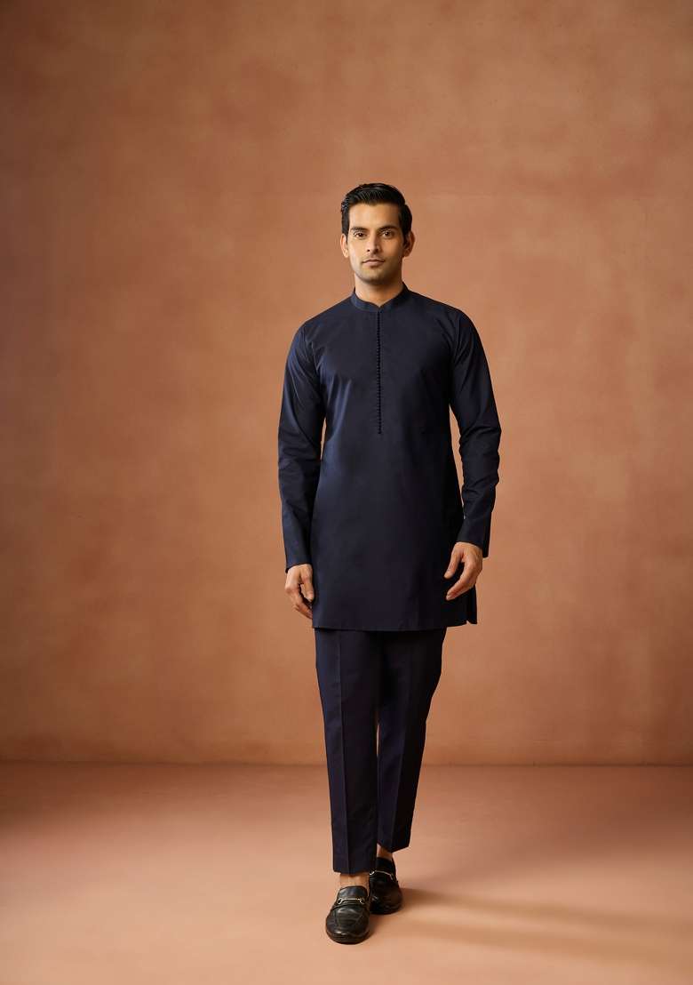 Blue Solid Silk Blend Kurta Jacket Set For Men - Indya