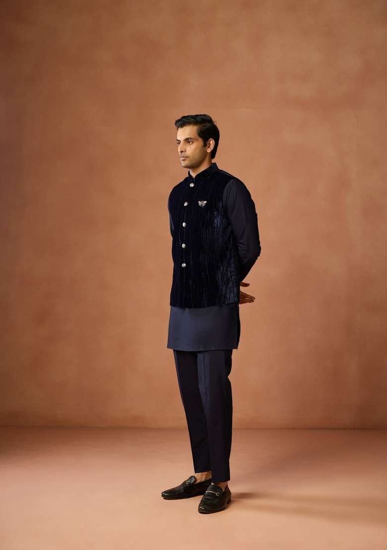 Blue Solid Silk Blend Kurta Jacket Set For Men - Indya
